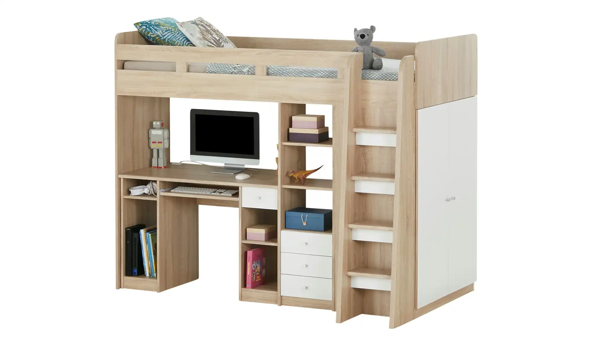 Hochbett mit Kleiderschrank und Schreibtisch  Unit - holzfarben - Maße (cm): B: 204 H: 160